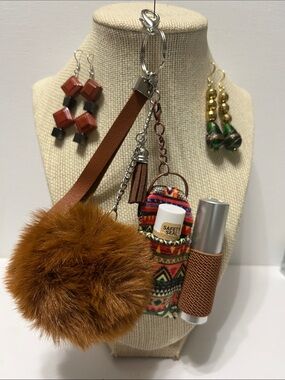 Gift Set Double Lipstick Balm Holder Detachable Keychain Purse Charm 2 earring